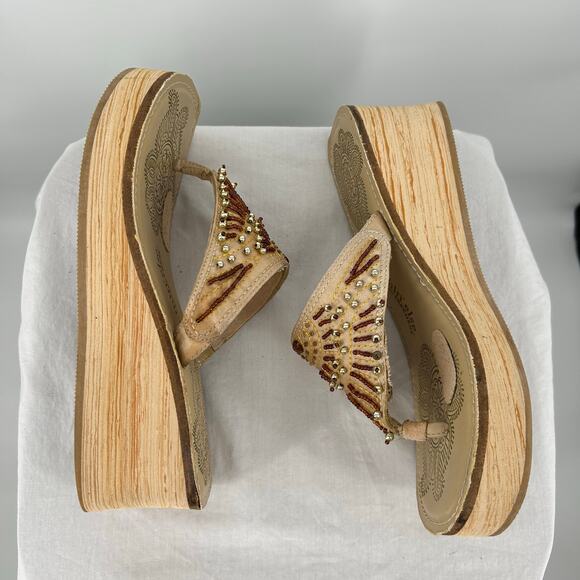 VTG 90s y2k women's tan Jaunt beaded Skechers Platform Cork Wedge Thong Sandals - Picture 3 of 8